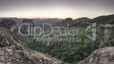 Panoramic view of the monasteries of Meteora at sunset