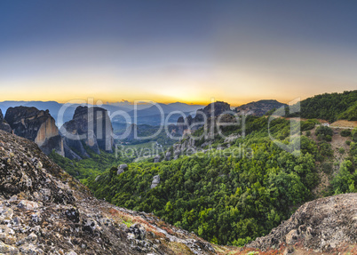 Panoramic view of the monasteries of Meteora at sunset