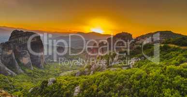 Panoramic view of the monasteries of Meteora at sunset