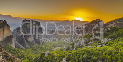 Panoramic view of the monasteries of Meteora at sunset