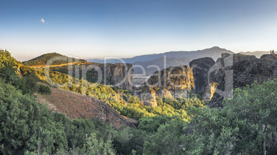 Panoramic view of the monasteries of Meteora at sunset