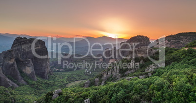 Panoramic view of the monasteries of Meteora at sunset