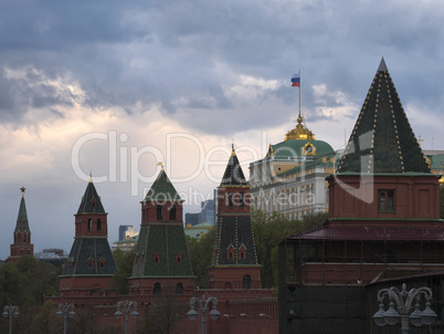Moscow Russia View on Kremlin Towers on against cloudy sky.