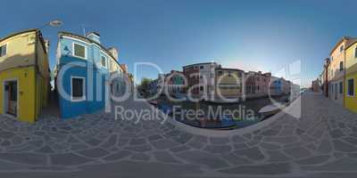 360 VR Quiet Burano street along the canal. View with traditional painted houses