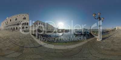 360 VR Waterfront and lagoon with gondolas mooring in Venice, Italy
