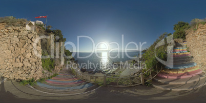 360 VR Mediterranean Sea scene with bright sun shining. Antalya, Turkey