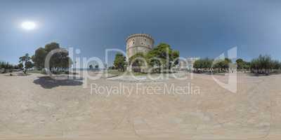 360 VR White Tower Square with people relaxing under the trees. Thessaloniki