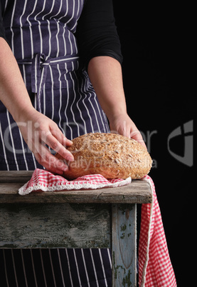 woman in a blue striped apron holds in her hands baked round rye