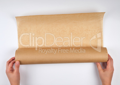 two hands hold a large roll of brown parchment paper