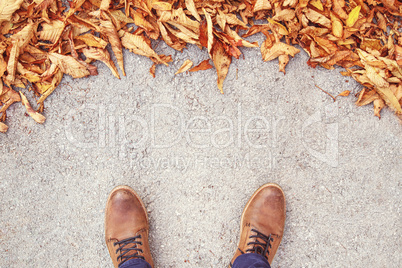 Autumn is coming, Male shoes on street with leaves