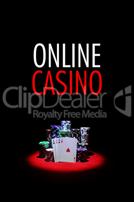 Four Aces with chip stack on red Table with text ONLINE CASINO