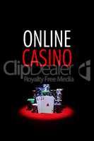 Four Aces with chip stack on red Table with text ONLINE CASINO