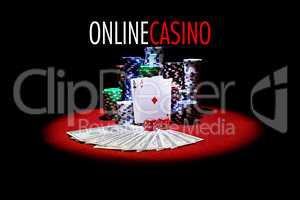 Poker cards , dollars and gambling chips on red table with message ONLINE CASINO