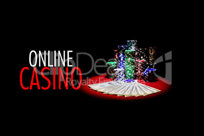 Poker cards , dollars and gambling chips on red table with message ONLINE CASINO