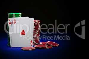King and ace poker card on stack of poker chips