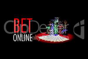 Poker cards , dollars and gambling chips on red table with message BET ONLINE