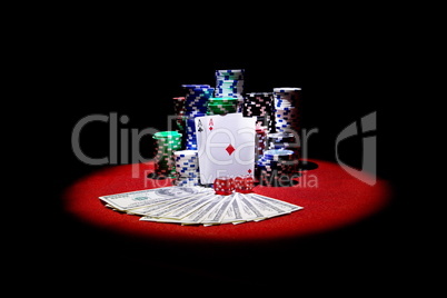 Four aces and dollars with stack of gambling chips and red dices
