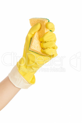 Woman hand holding a cleaning sponge isolated on white