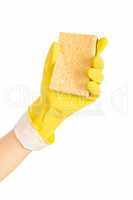 Woman hand holding a cleaning sponge isolated on white