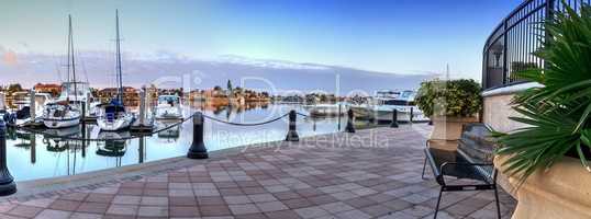 Sunrise over the boats in Esplanade Harbor Marina in Marco Islan