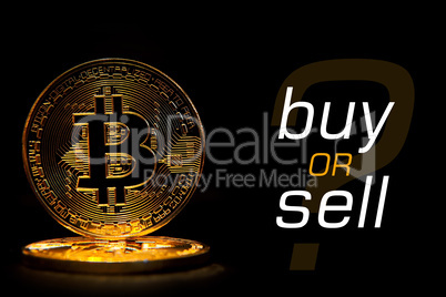 Bit coin isolated on black background with text BUY OR SELL