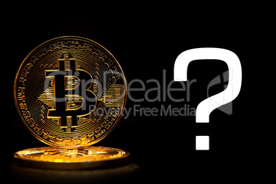 Bit coin isolated on black background with text question
