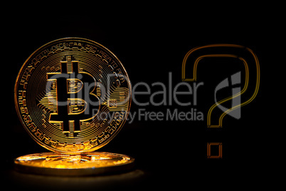 Bit coin isolated on black background with text question