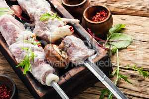 Uncooked meat kebab with herbs