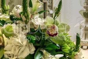 Green Cymbidium orchid, mum, white flower bouquet