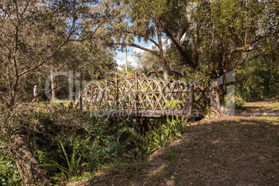 Old wooden bridge along the riverway at historic Koreshan State