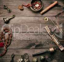 Copper singing bowl, prayer beads, prayer drum and other Tibetan