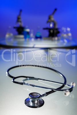 Stethoscope and Microscopes in a Scientific Research Laboratory