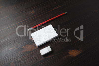 Business cards, pencil, eraser