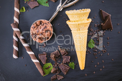 Chocolate ice cream in scoop with cone