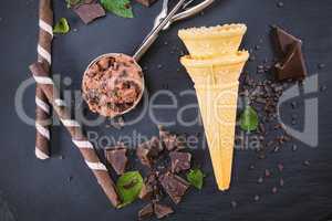 Chocolate ice cream in scoop with cone