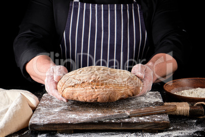 male hands are holding brown baked rye bread