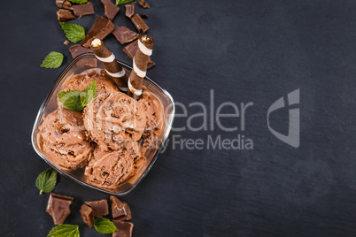Scoops chocolate ice cream in glass bowl
