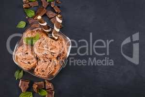 Scoops chocolate ice cream in glass bowl