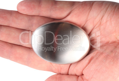 hand with Stainless Steel Soap isolated on white background