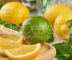 ripe yellow lemons and lime, mint green