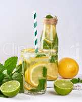 cold drink of fresh lemons, lime, mint green and pieces of ice i