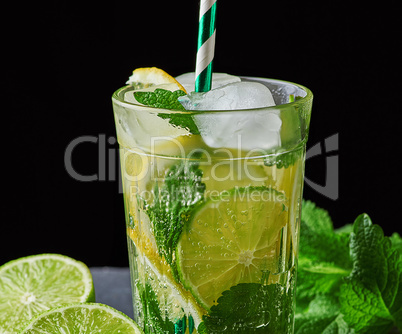 cold lemonade made from fresh lemons, lime, green mint