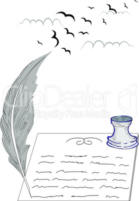 Birds and pen and inkwell