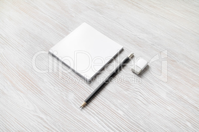 Notepad, pencil, eraser