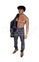 A masculine African man standing shirtless and jacket over shoul