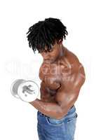 A black man working out with his dumbbells