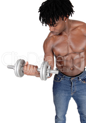 Close up of a black man working out with dumbbell