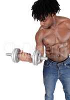 Close up of a black man working out with dumbbell