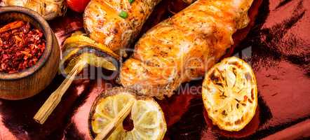 Grilled salmon on skewer