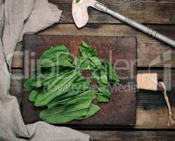 chopped green sorrel leaves on an old brown wooden board